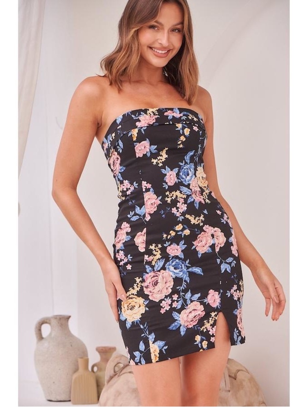 Strapless Black Floral Bodycon Dress